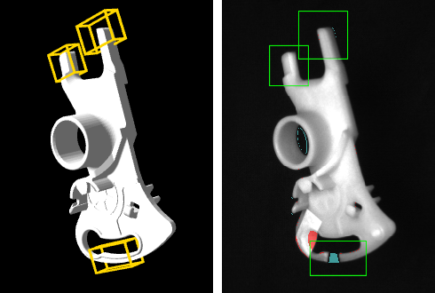 Inspektionsergebnis: Links - Referenzmodell in ermittelter 3D-Pose mit konfigurierten Teilvolumina. Rechts - Foto mit überstehendem (rot) bzw. fehlendem (blau) Material und Regionen der Teilvolumina (grün)